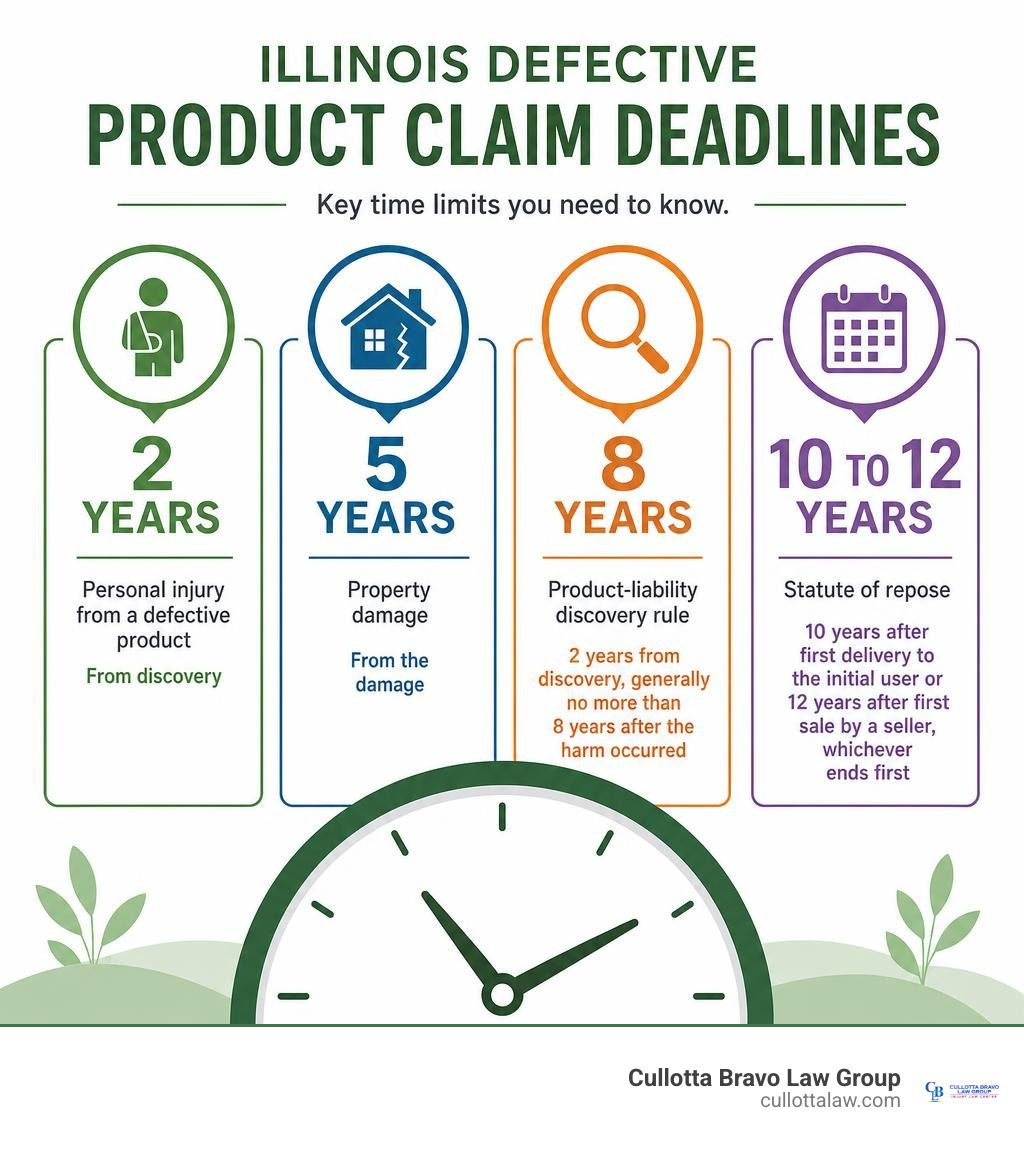 Illinois defective product claim deadlines: 2 years, 5 years, 8 years, and 10 to 12 years infographic Illinois defective product claim deadlines: 2 years, 5 years, 8 years, and 10 to 12 years infographic