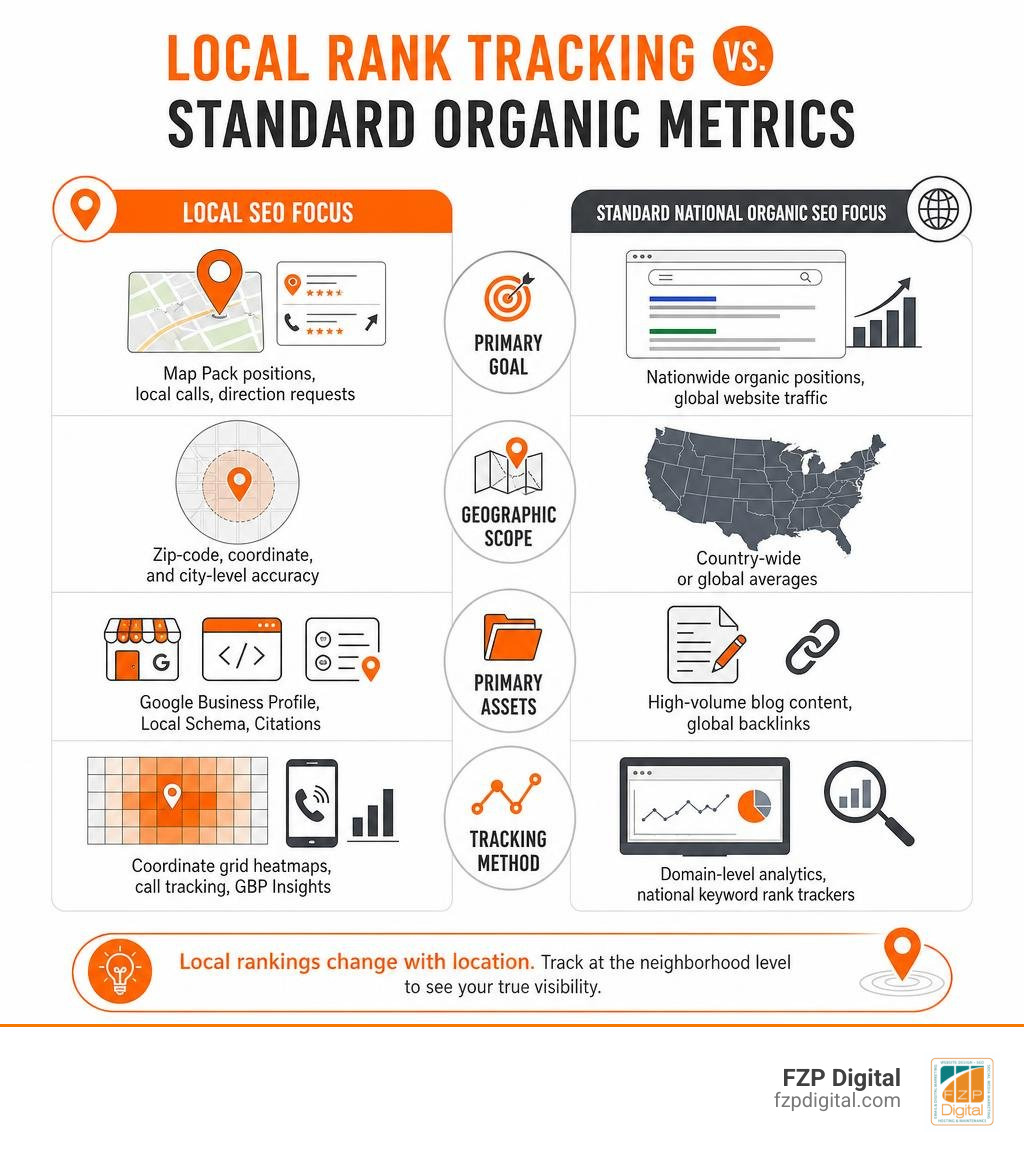 Infographic comparing local rank tracking metrics vs standard organic metrics infographic Infographic comparing local rank tracking metrics vs standard organic metrics infographic