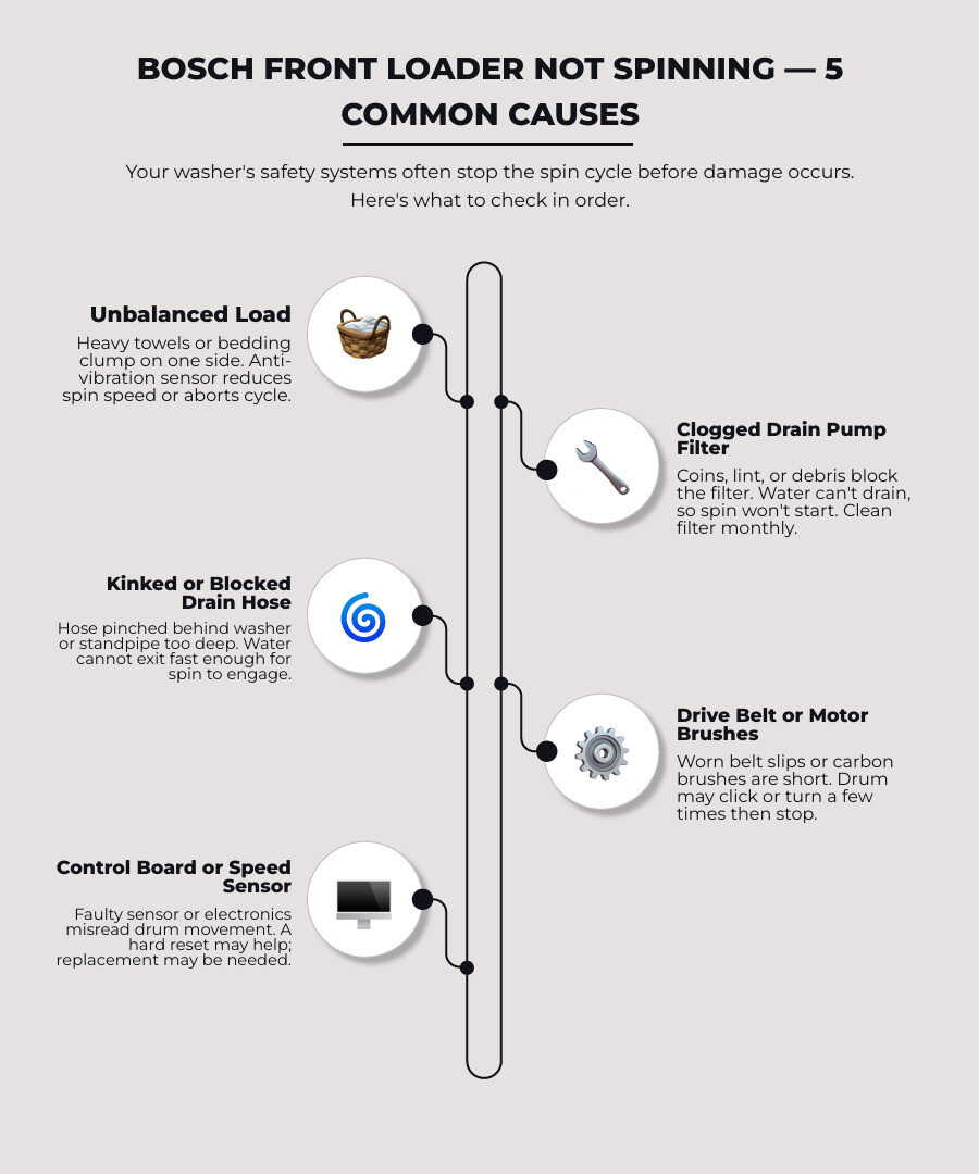 Bosch washer spin failure causes and quick symptom guide infographic