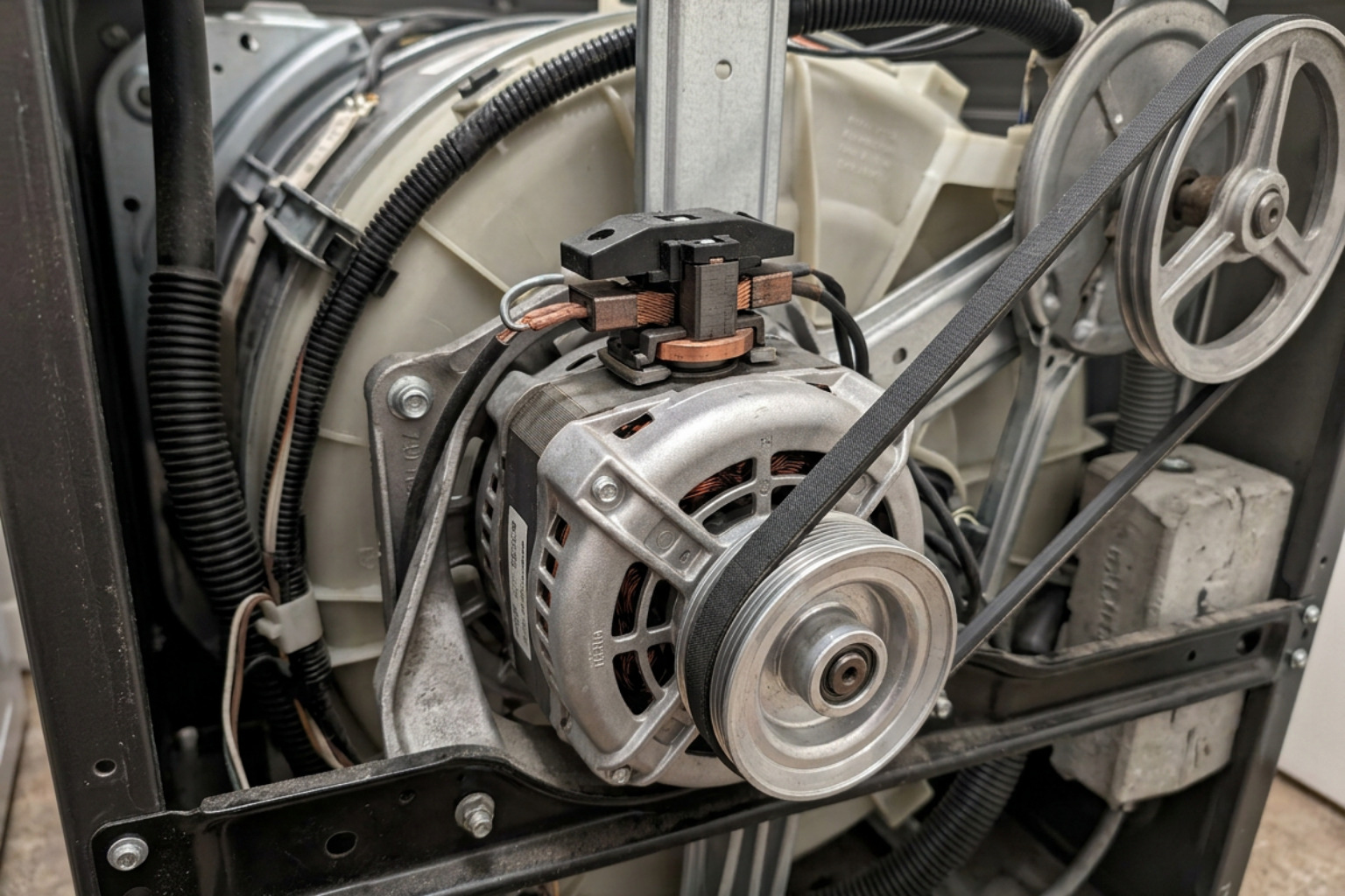 Washing machine motor carbon brushes and drive belt inspection