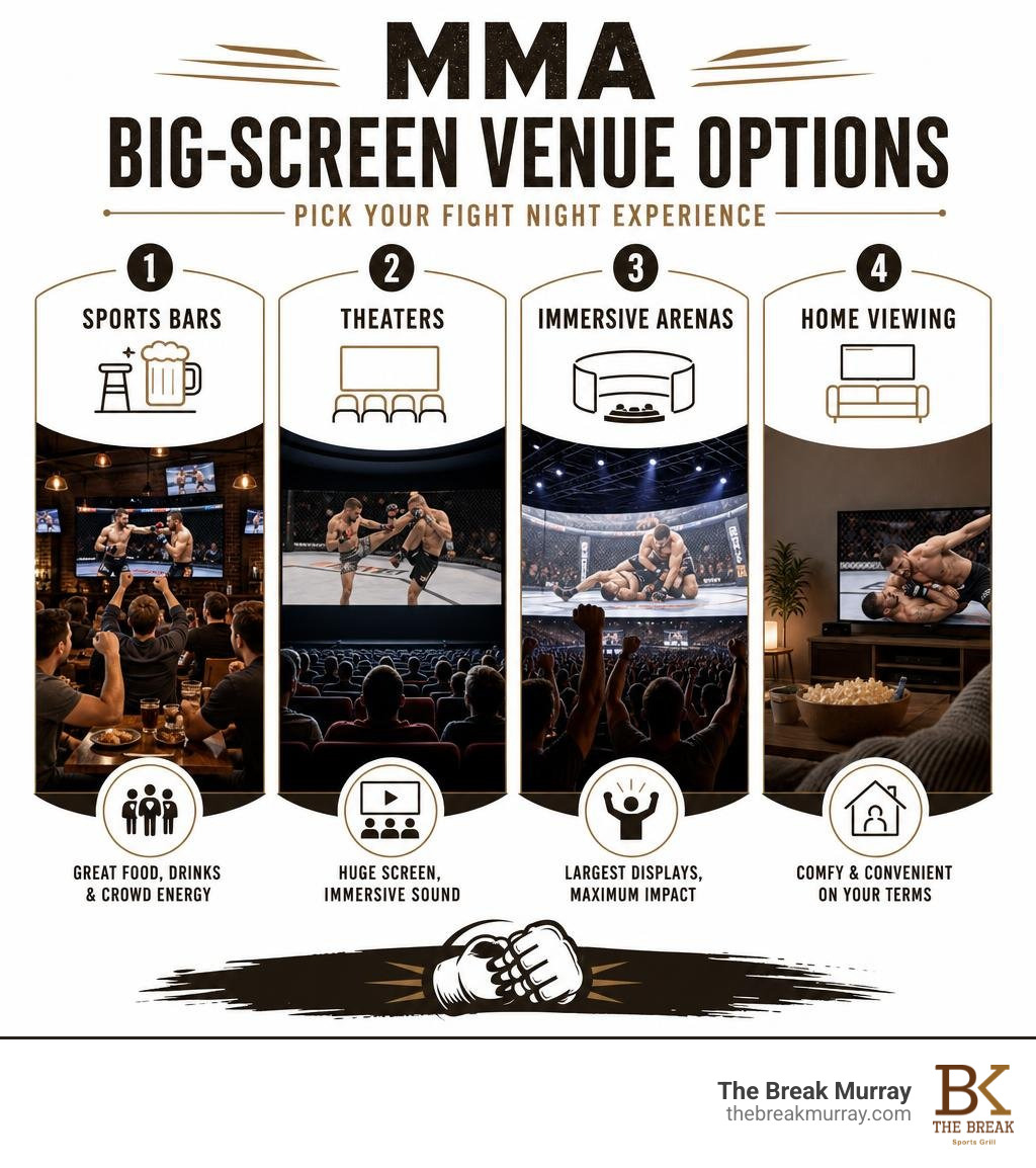 MMA big-screen venue options: sports bars, theaters, immersive arenas, and home viewing infographic MMA big-screen venue options: sports bars, theaters, immersive arenas, and home viewing infographic