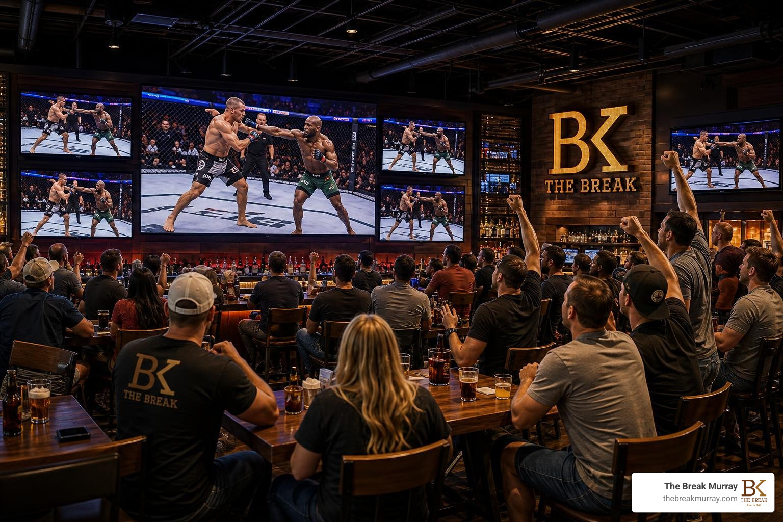 wall-to-wall HD screens displaying a championship fight wall-to-wall HD screens displaying a championship fight