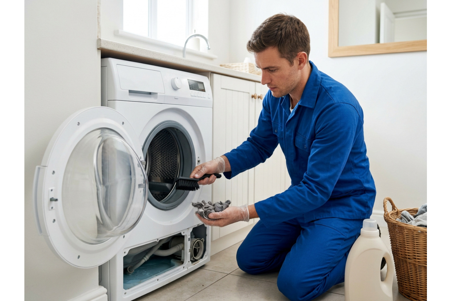 Technician removing and cleaning a front-loader drain pump filter