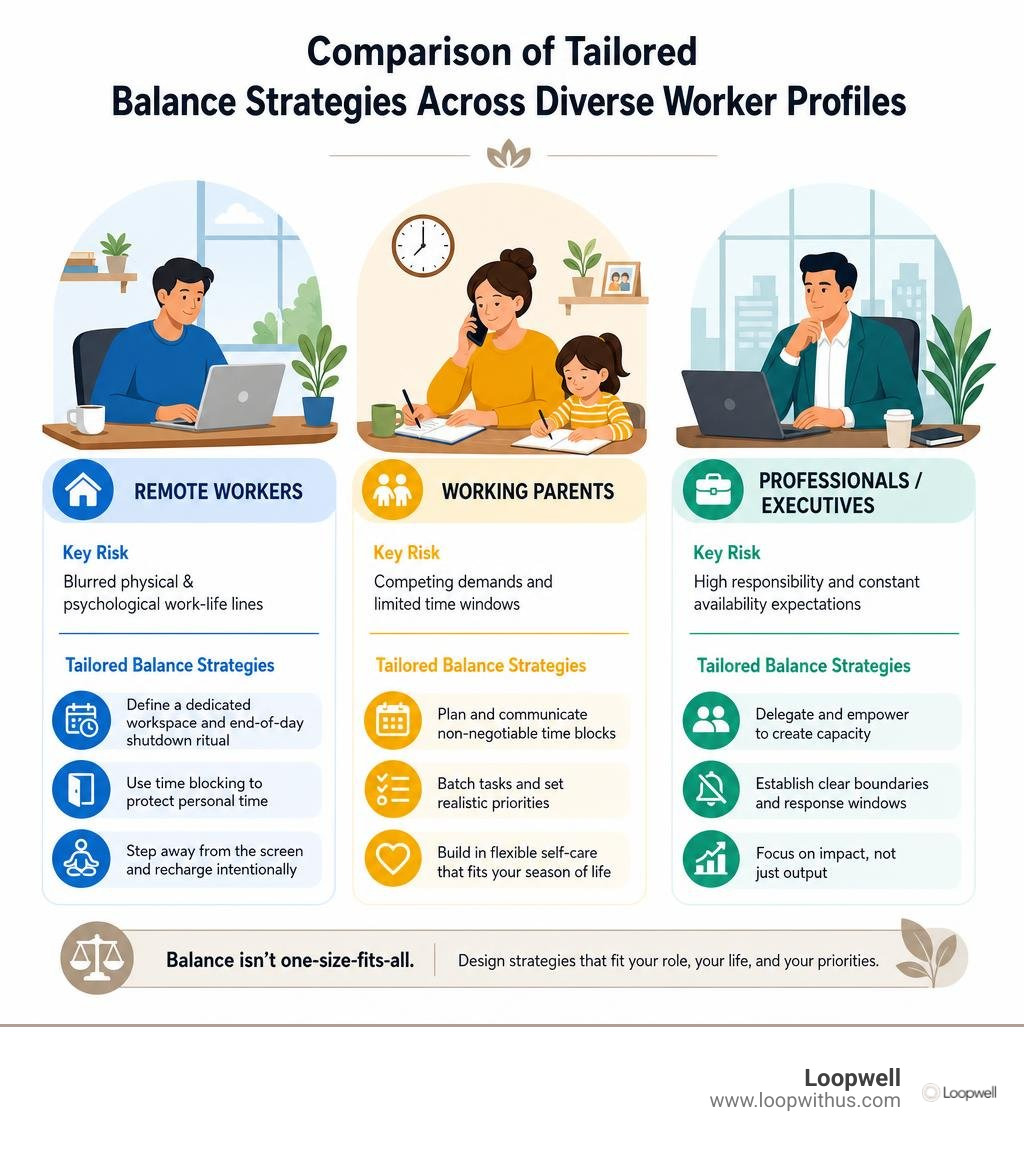 Comparison of tailored balance strategies across diverse worker profiles infographic Comparison of tailored balance strategies across diverse worker profiles infographic