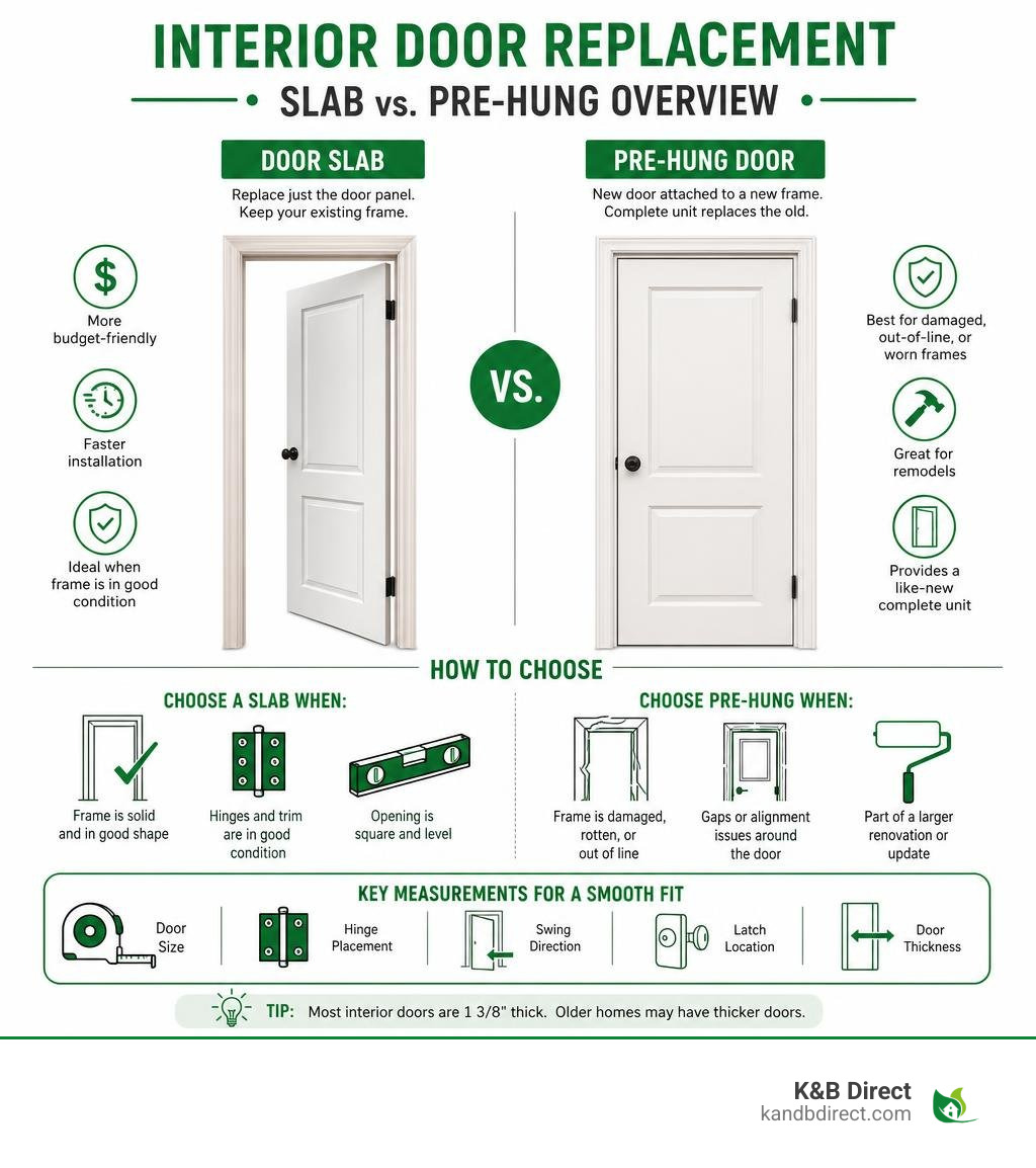 Interior door slab versus pre-hung replacement overview infographic