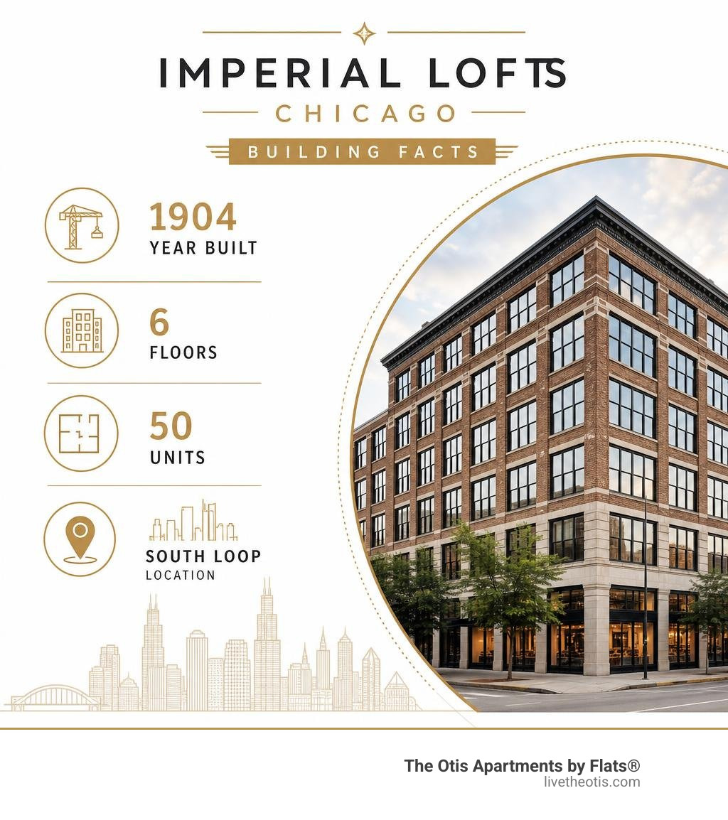 Imperial Lofts Chicago building facts: 1904 construction, 6 floors, 50 units, South Loop location infographic