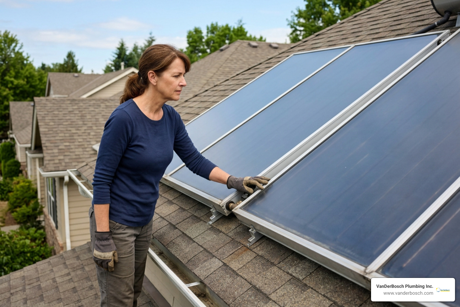 Homeowner visually inspecting roof solar water heater collectors Homeowner visually inspecting roof solar water heater collectors