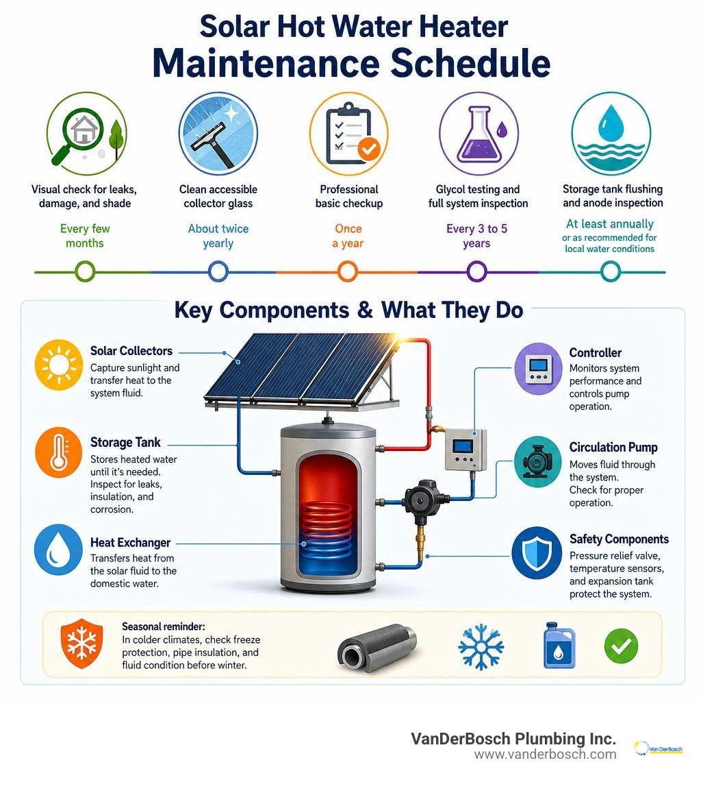 Solar hot water heater maintenance schedule and key components infographic Solar hot water heater maintenance schedule and key components infographic