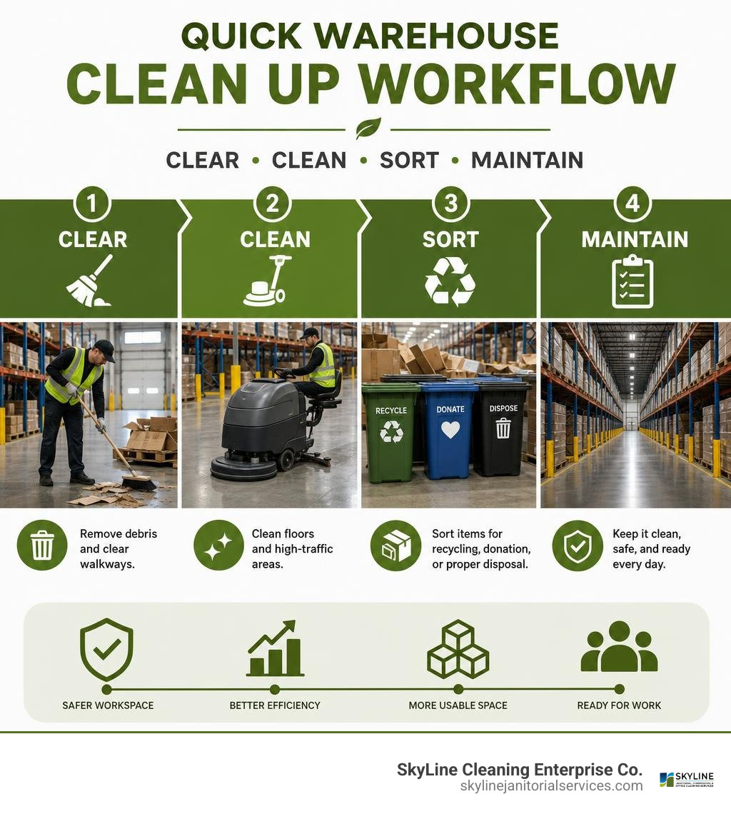 Quick warehouse clean up workflow: clear, clean, sort, maintain infographic Quick warehouse clean up workflow: clear, clean, sort, maintain infographic