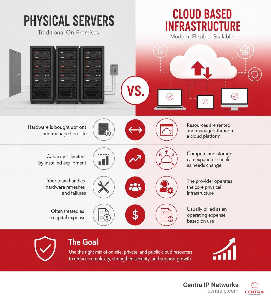 Physical servers versus cloud based infrastructure comparison infographic Physical servers versus cloud based infrastructure comparison infographic