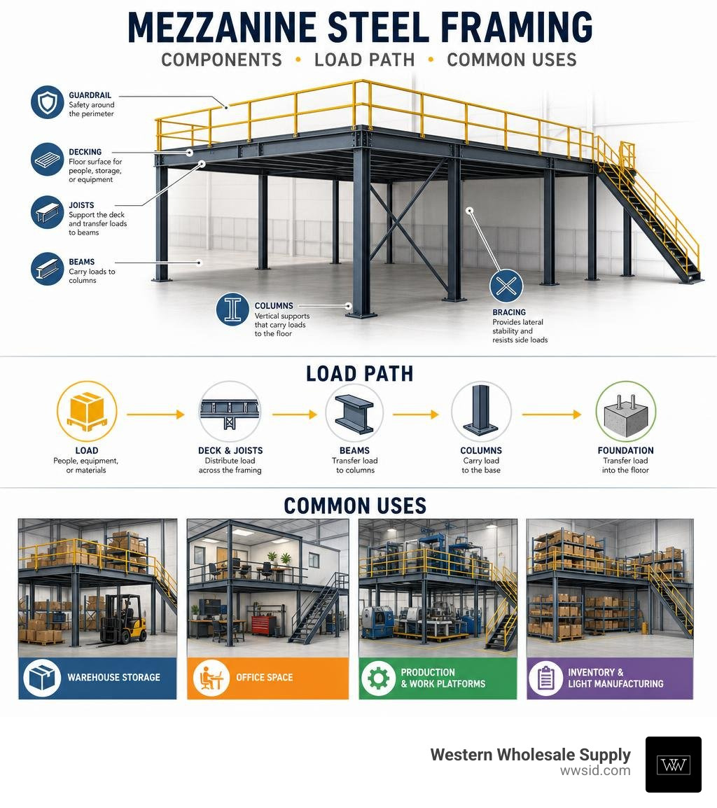Mezzanine steel framing components, load path, and common uses infographic Mezzanine steel framing components, load path, and common uses infographic