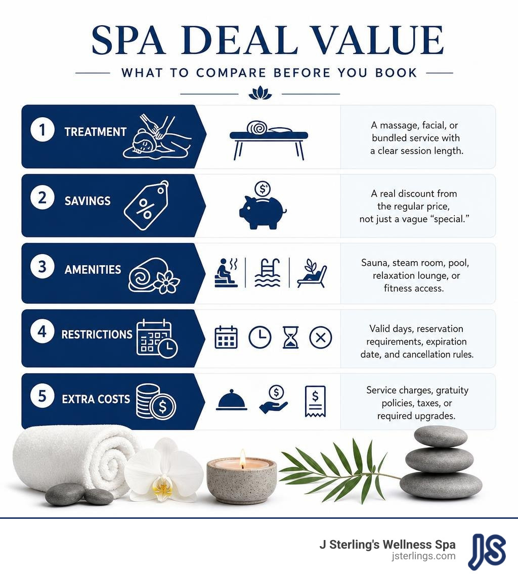 Infographic comparing spa deal value: treatment, amenities, restrictions, and added fees infographic