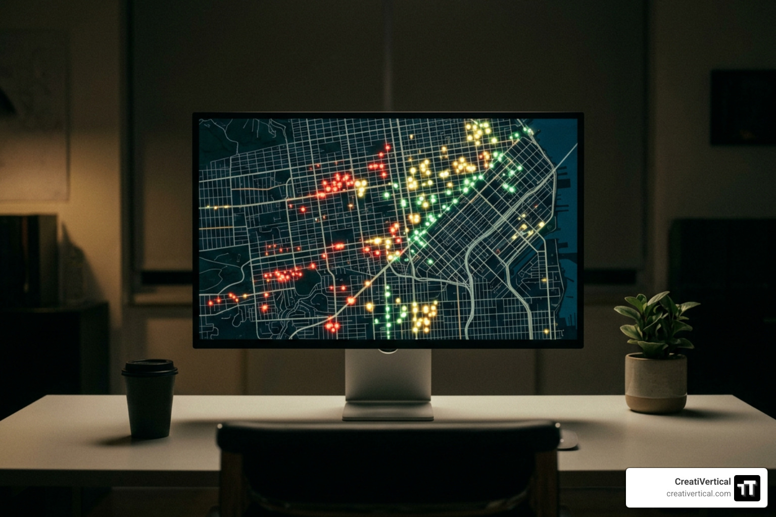 Geo-grid tracking dashboard showing local search rankings across a city