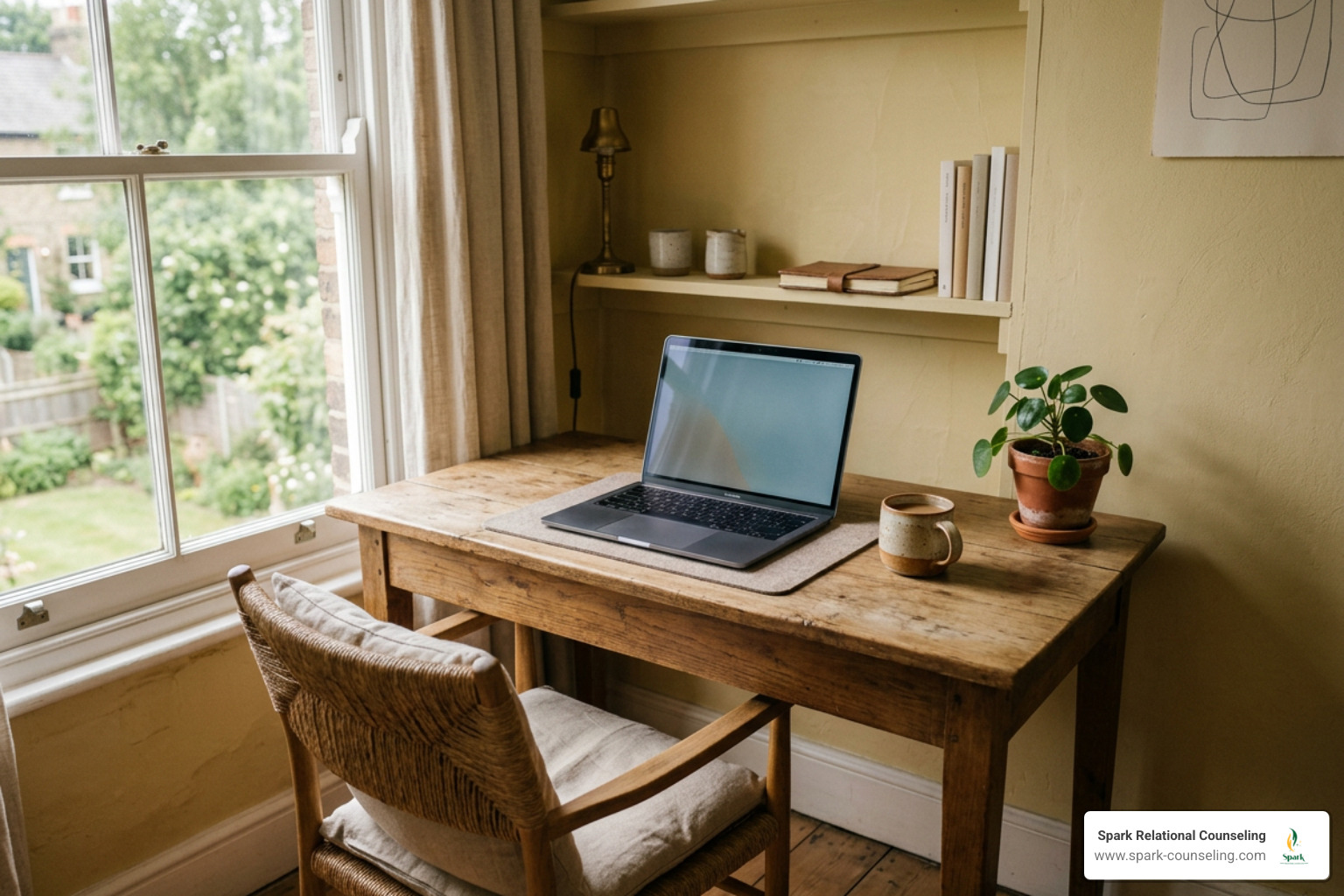 peaceful muted yellow home office nook with laptop ready for counseling peaceful muted yellow home office nook with laptop ready for counseling