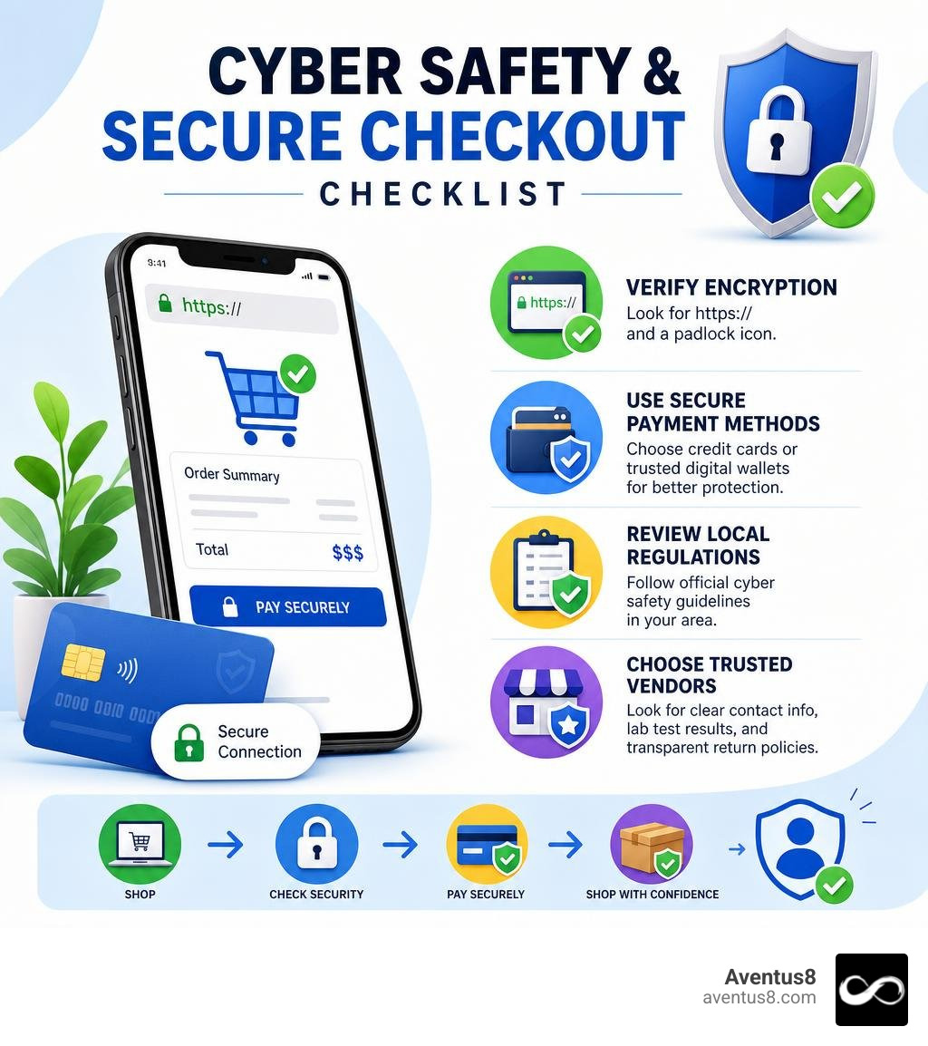 Infographic displaying cyber safety and secure checkout checklist infographic