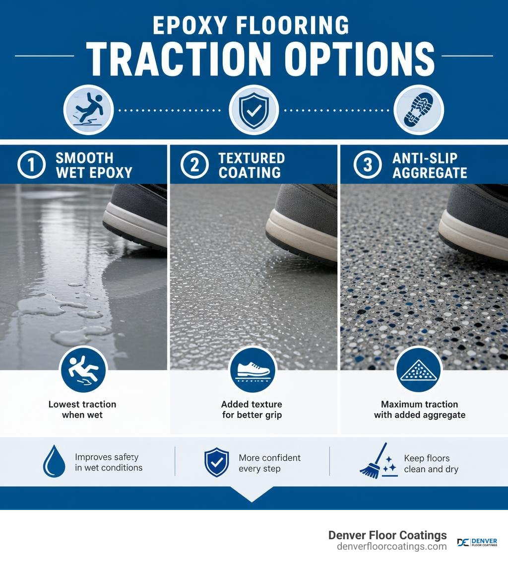 Infographic showing smooth wet epoxy, textured coating, and anti-slip aggregate options infographic