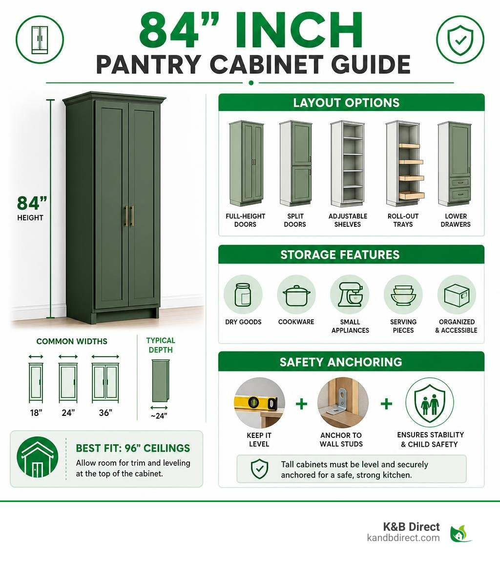 84 inch pantry cabinet sizes, layout options, storage features, and safety anchoring infographic