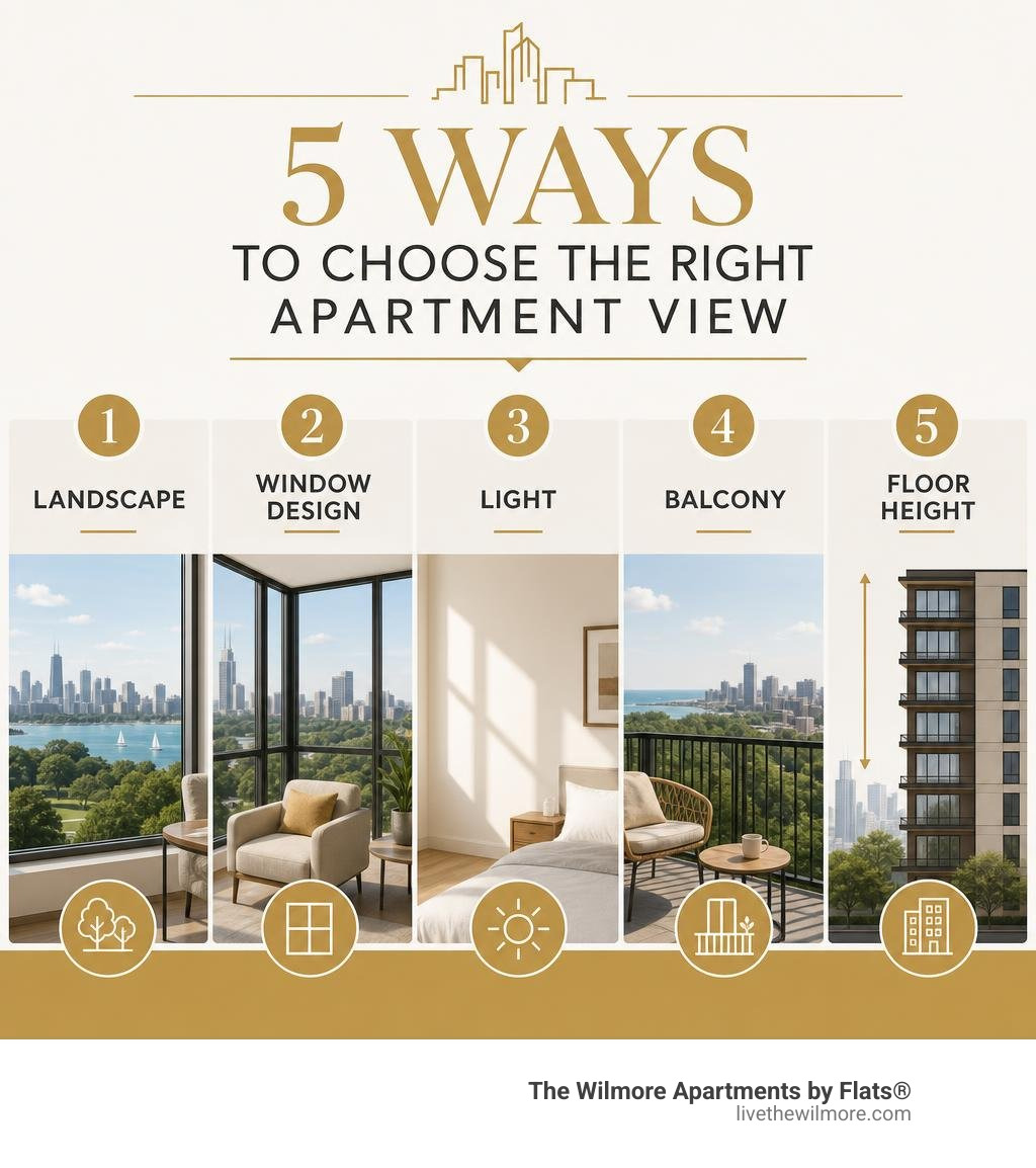 Five criteria for choosing apartment views: landscape, windows, light, balcony, and floor height infographic