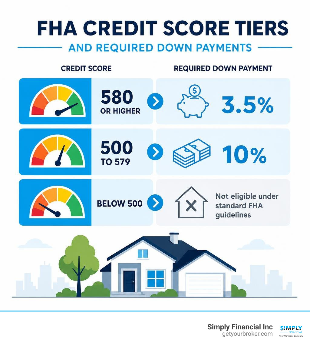 FHA credit score tiers and required down payments infographic