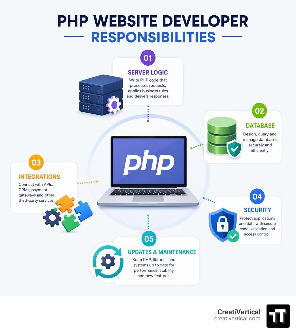 PHP website developer responsibilities: server logic, database, integrations, security, and updates infographic
