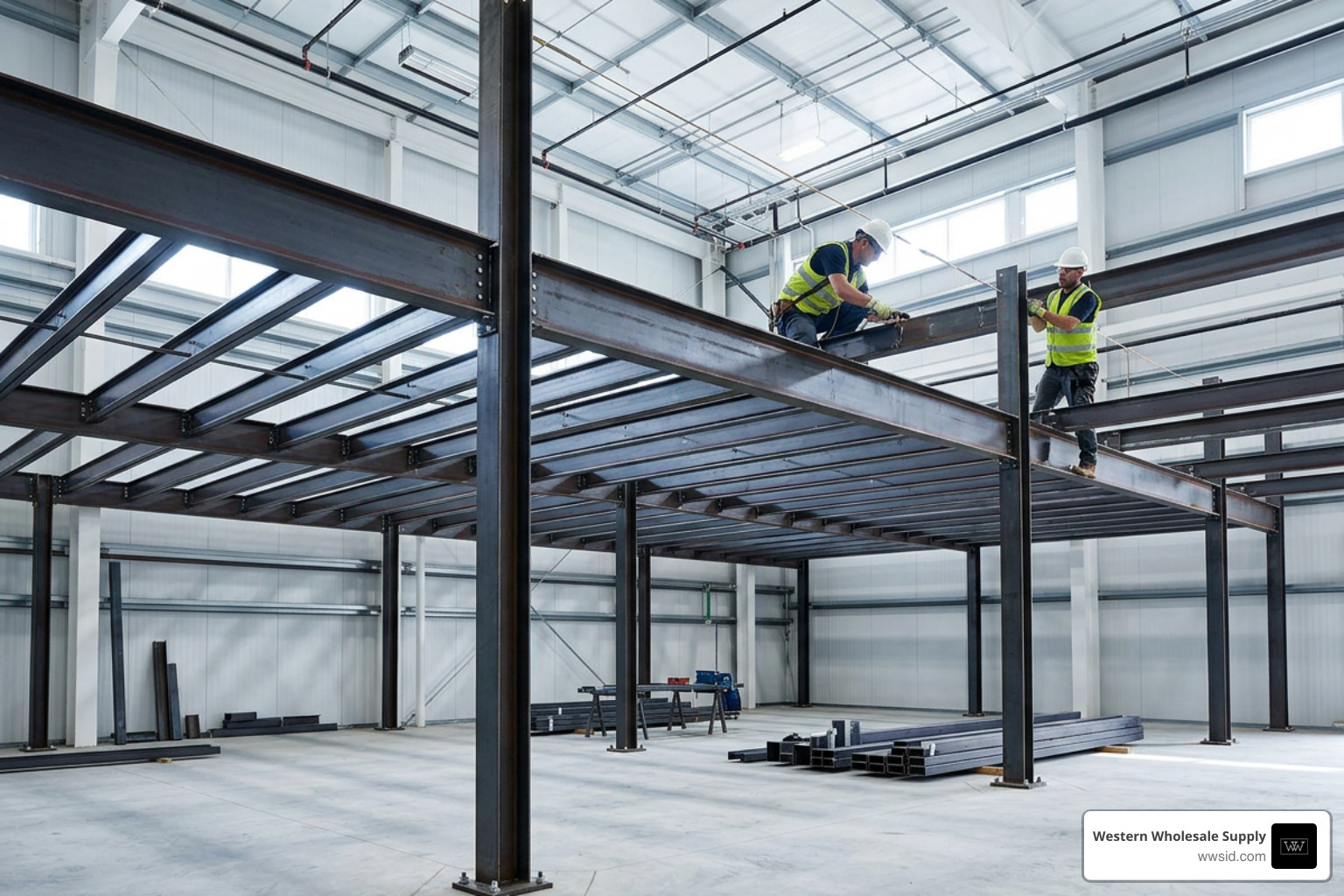 Architectural interior view of commercial structural steel mezzanine framing Architectural interior view of commercial structural steel mezzanine framing