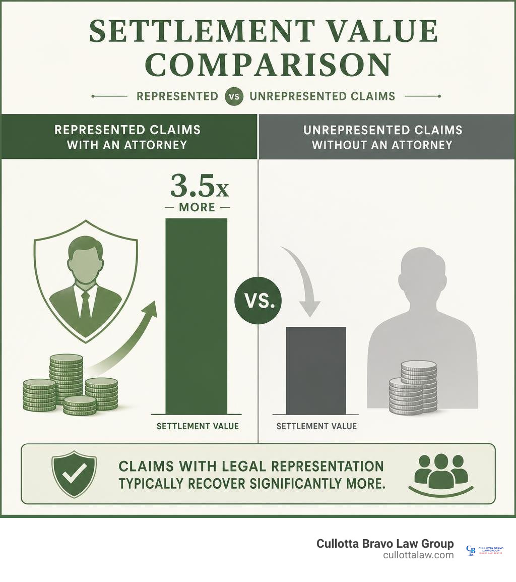 Stat infographic showing settlement value comparison between represented and unrepresented claims infographic