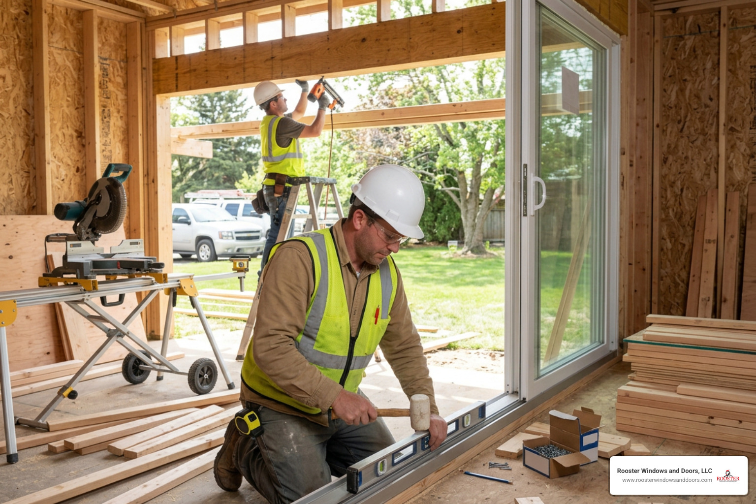 Contractor levelling tracks and framing structural header for multi-panel patio door installation