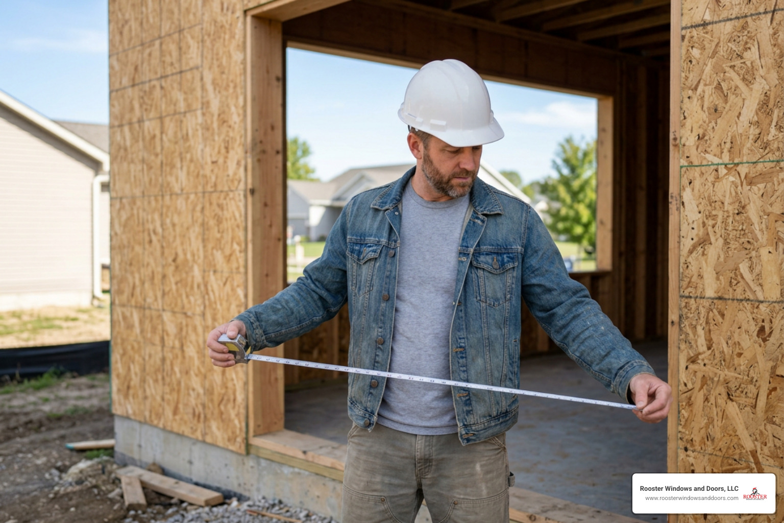 Contractor taking precise multi-point measurements of a large rough opening framing for a patio door