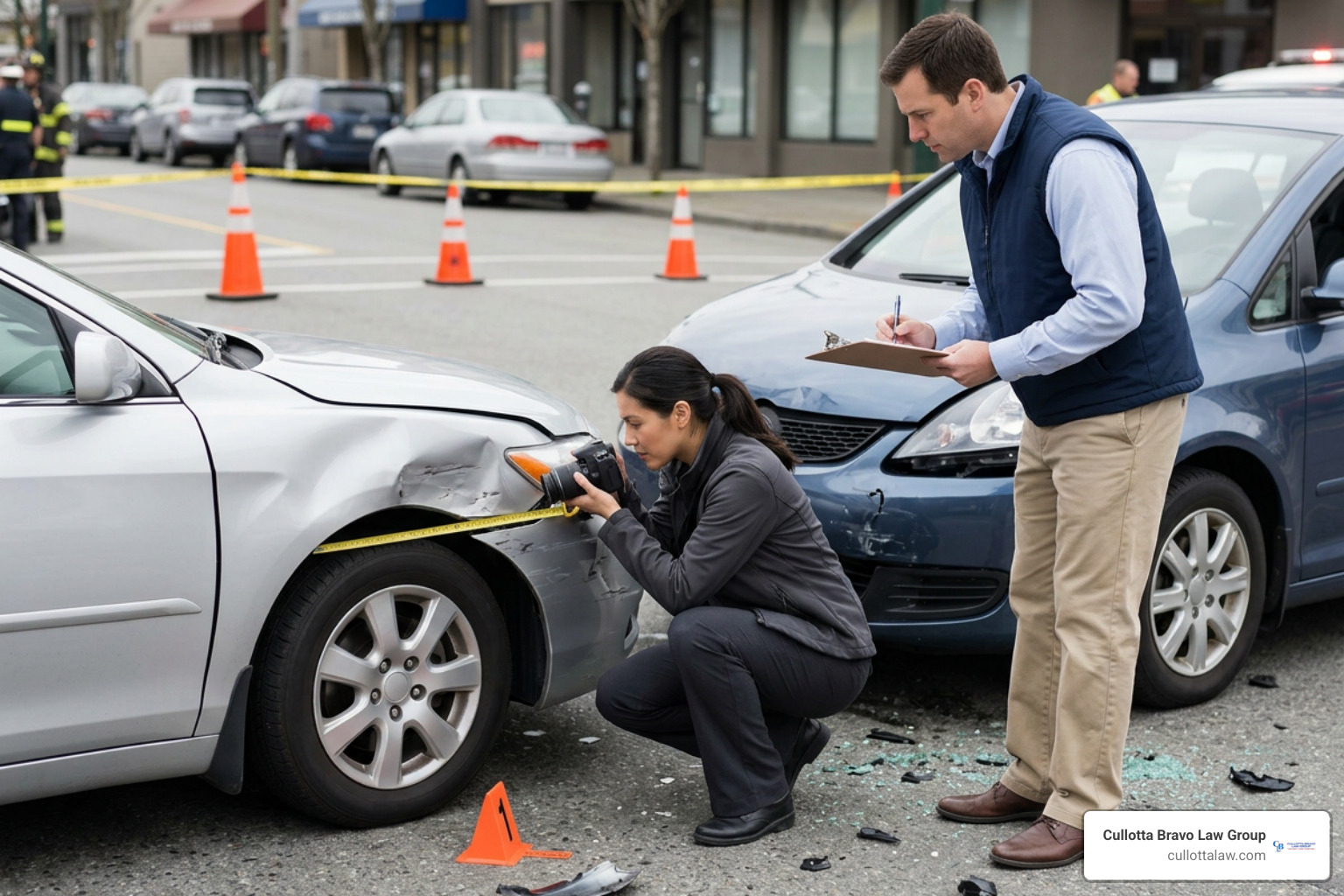 collecting accident scene evidence and evaluating damage