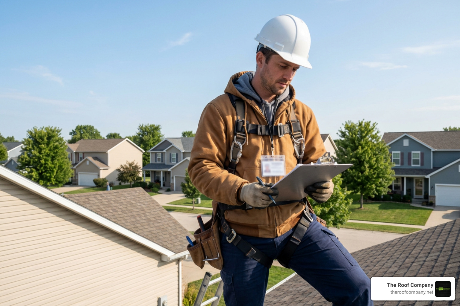 Roofing professional checking credentials and jobsite safety