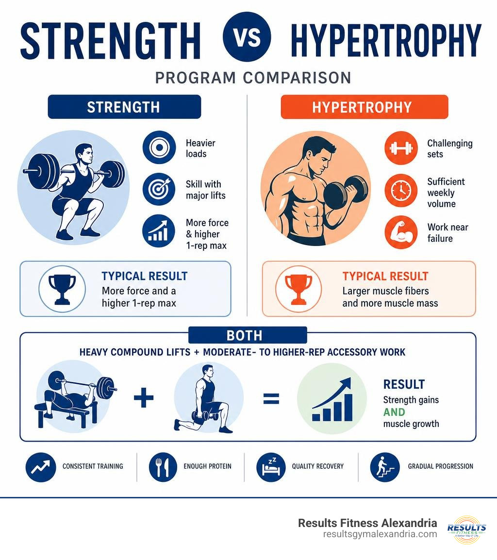 Strength vs hypertrophy program comparison infographic Strength vs hypertrophy program comparison infographic
