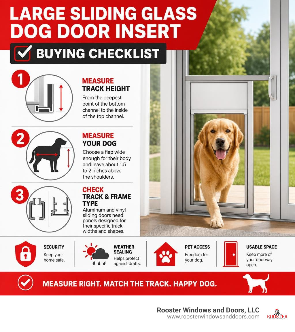 Large sliding glass dog door insert buying checklist infographic