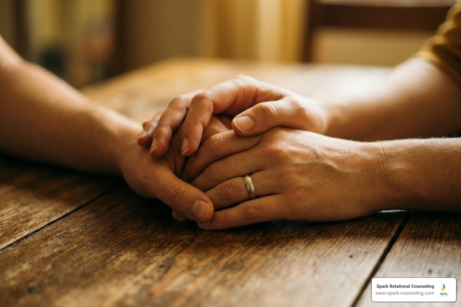 Minimalist warm amber close-up of two hands gently holding hands on a wooden table Minimalist warm amber close-up of two hands gently holding hands on a wooden table