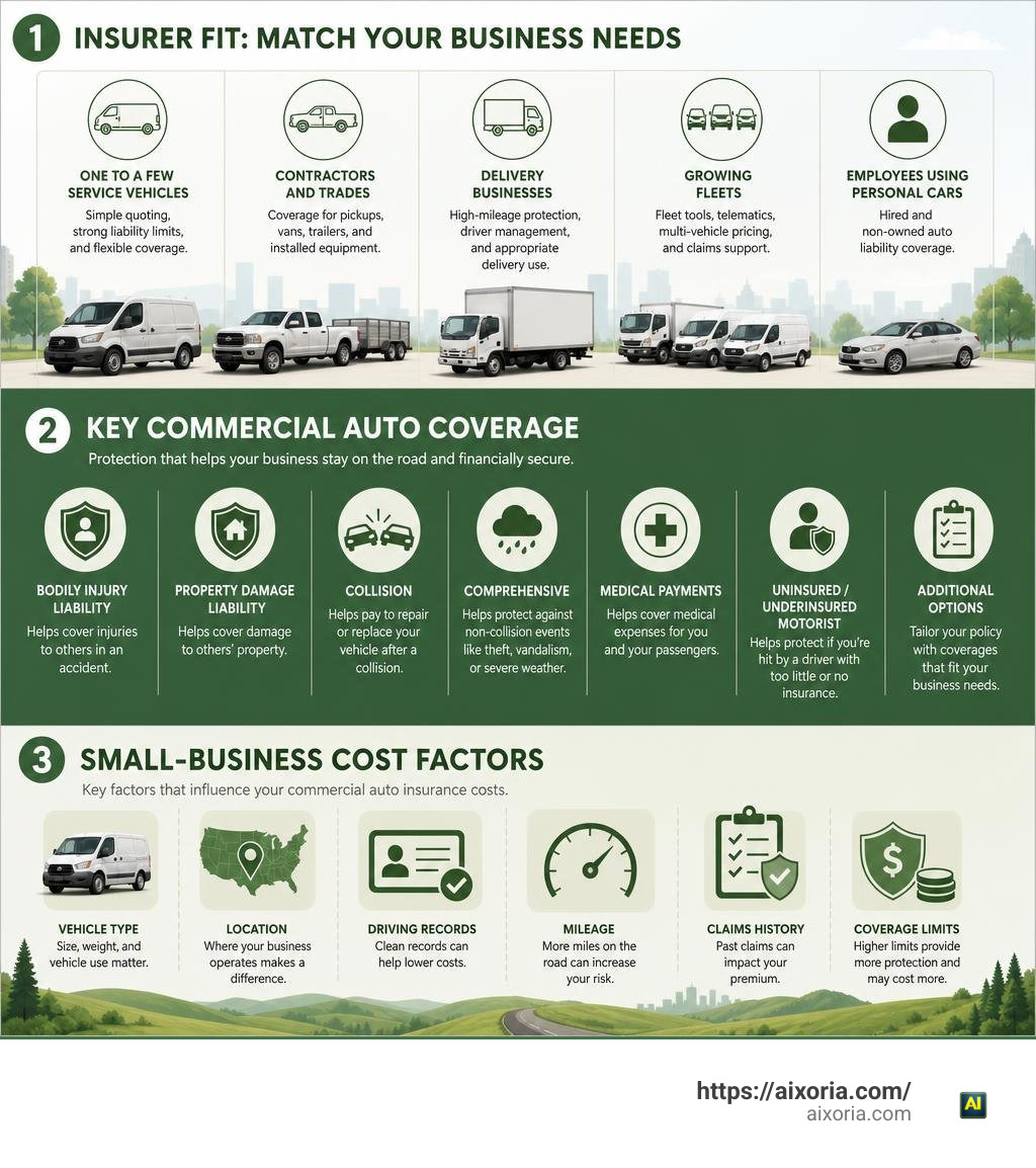 Infographic comparing insurer fit, key commercial auto coverage, and small-business cost factors infographic