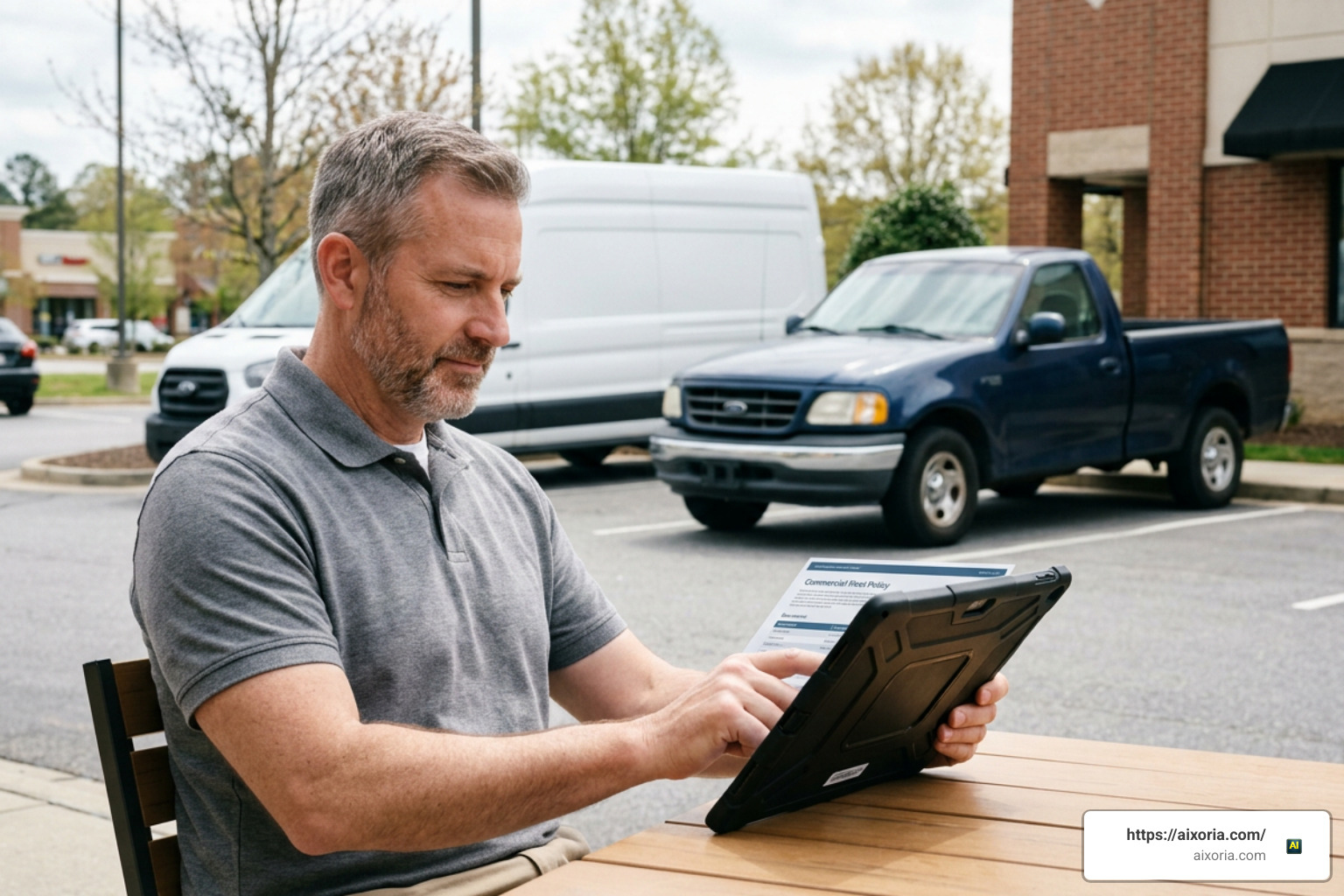 Small business owner reviewing commercial fleet policy parameters and coverage options