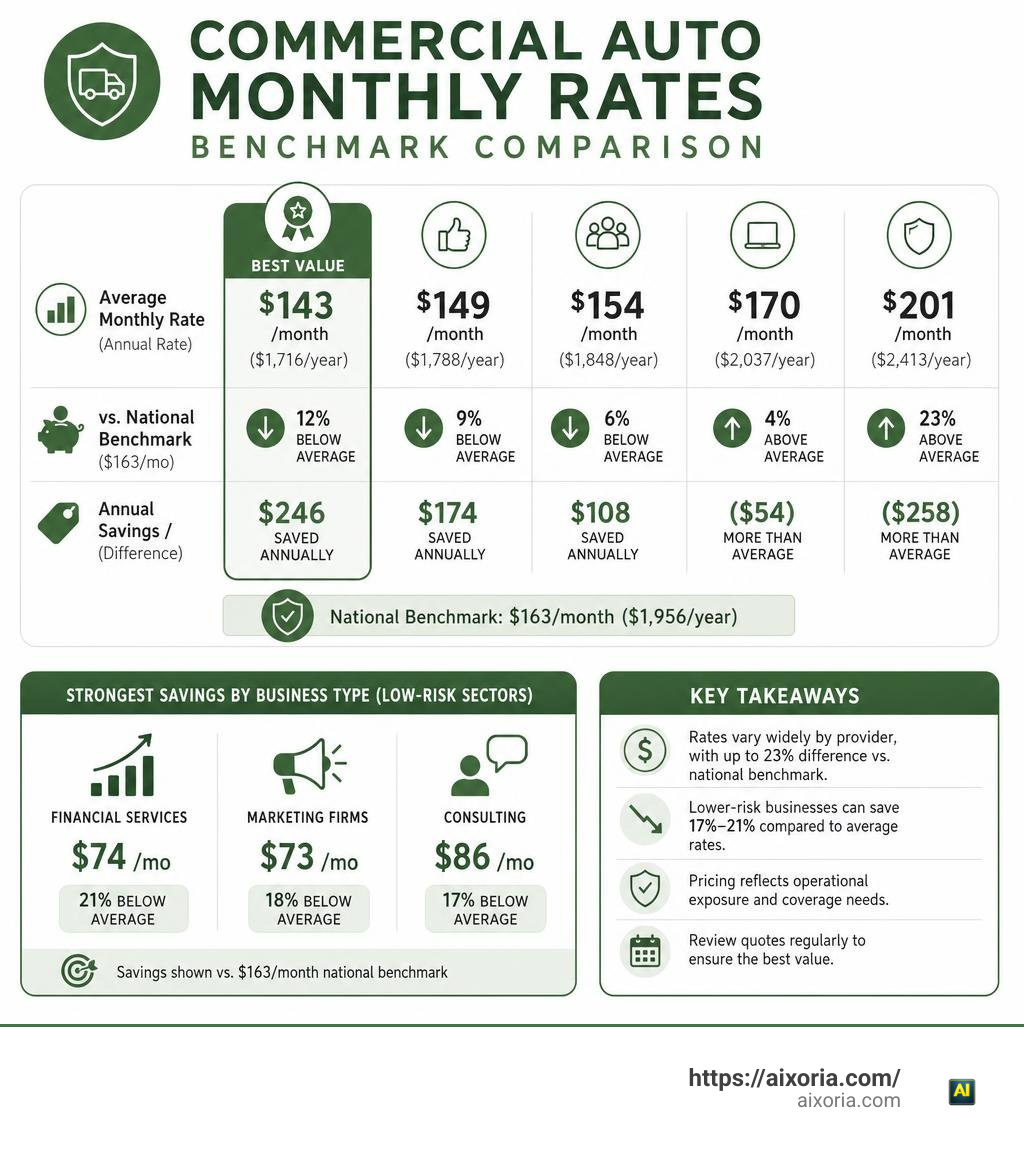 Commercial Auto Monthly Rates Benchmark Comparison infographic