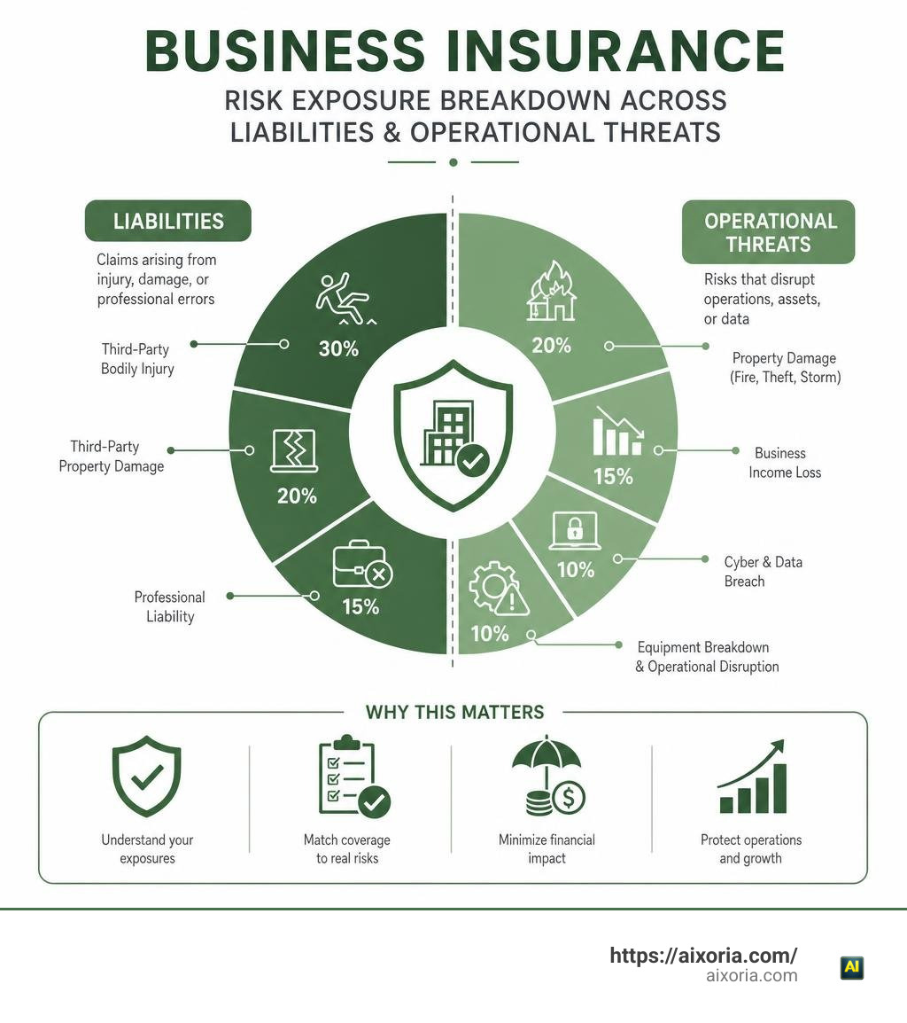 Business insurance risk exposure statistical breakdown across liabilities and operational threats infographic