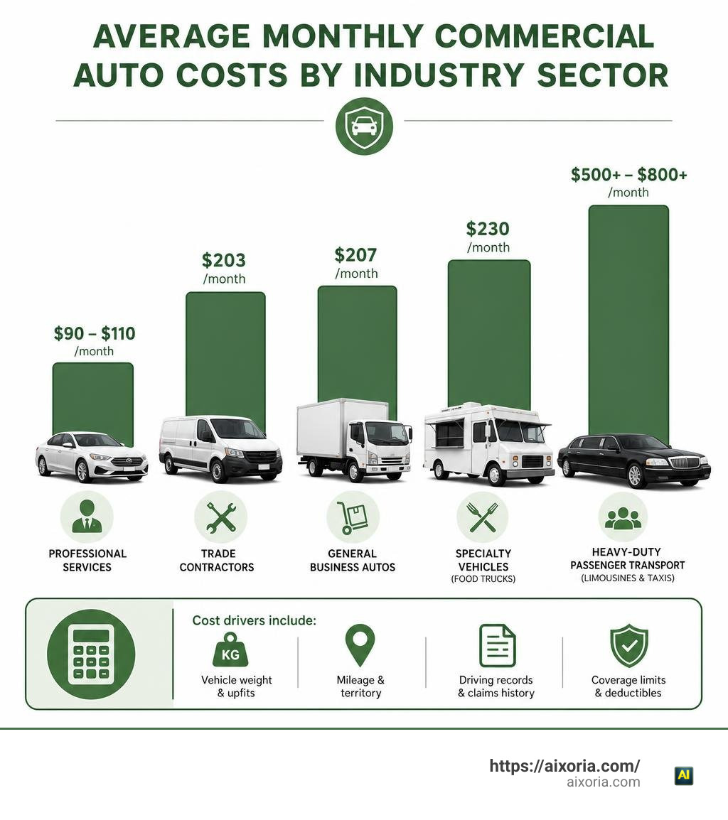 Stat infographic showing average monthly commercial auto costs by industry sector infographic