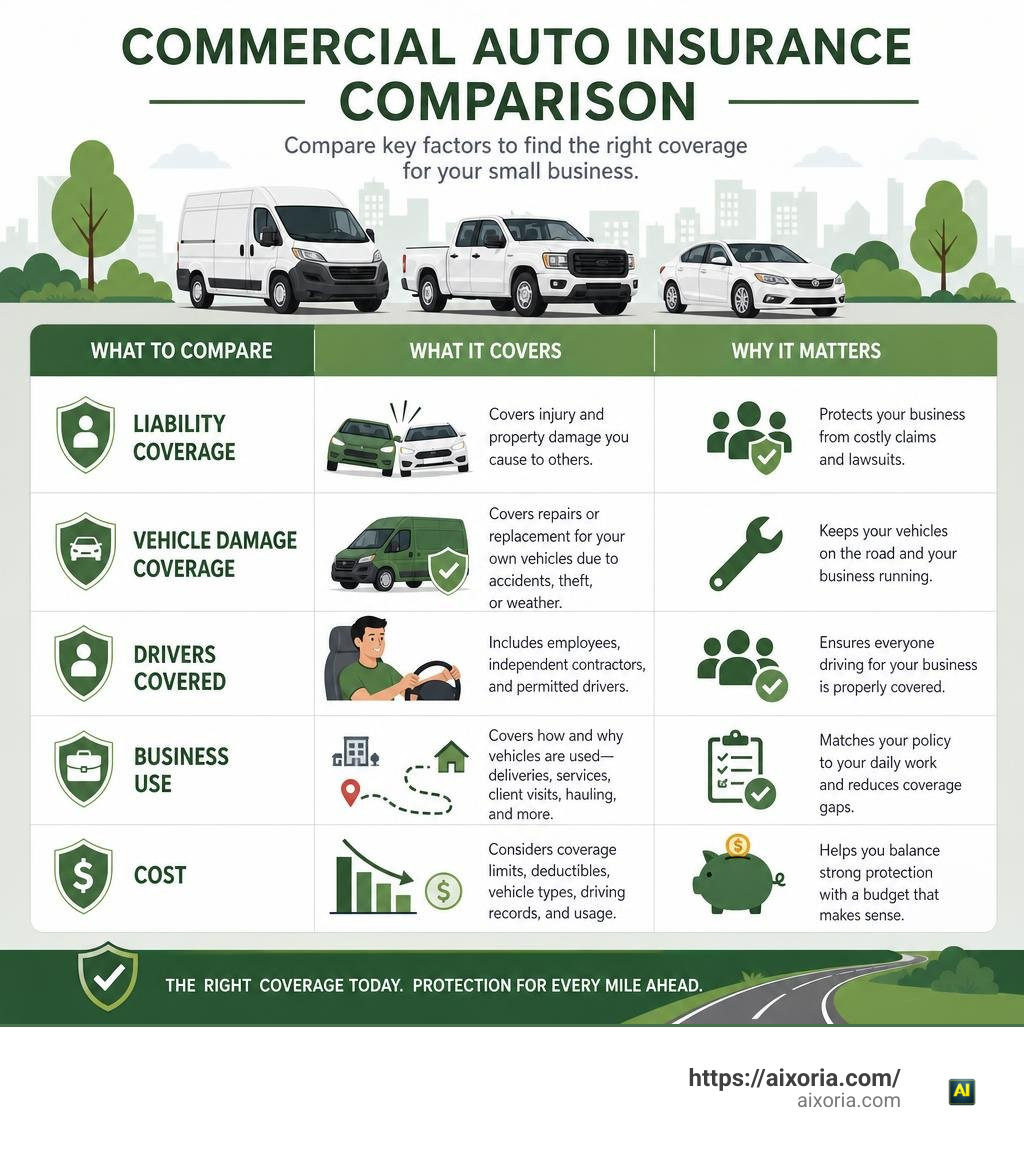 Commercial auto insurance comparison: liability, vehicle damage, drivers, business use, and cost infographic