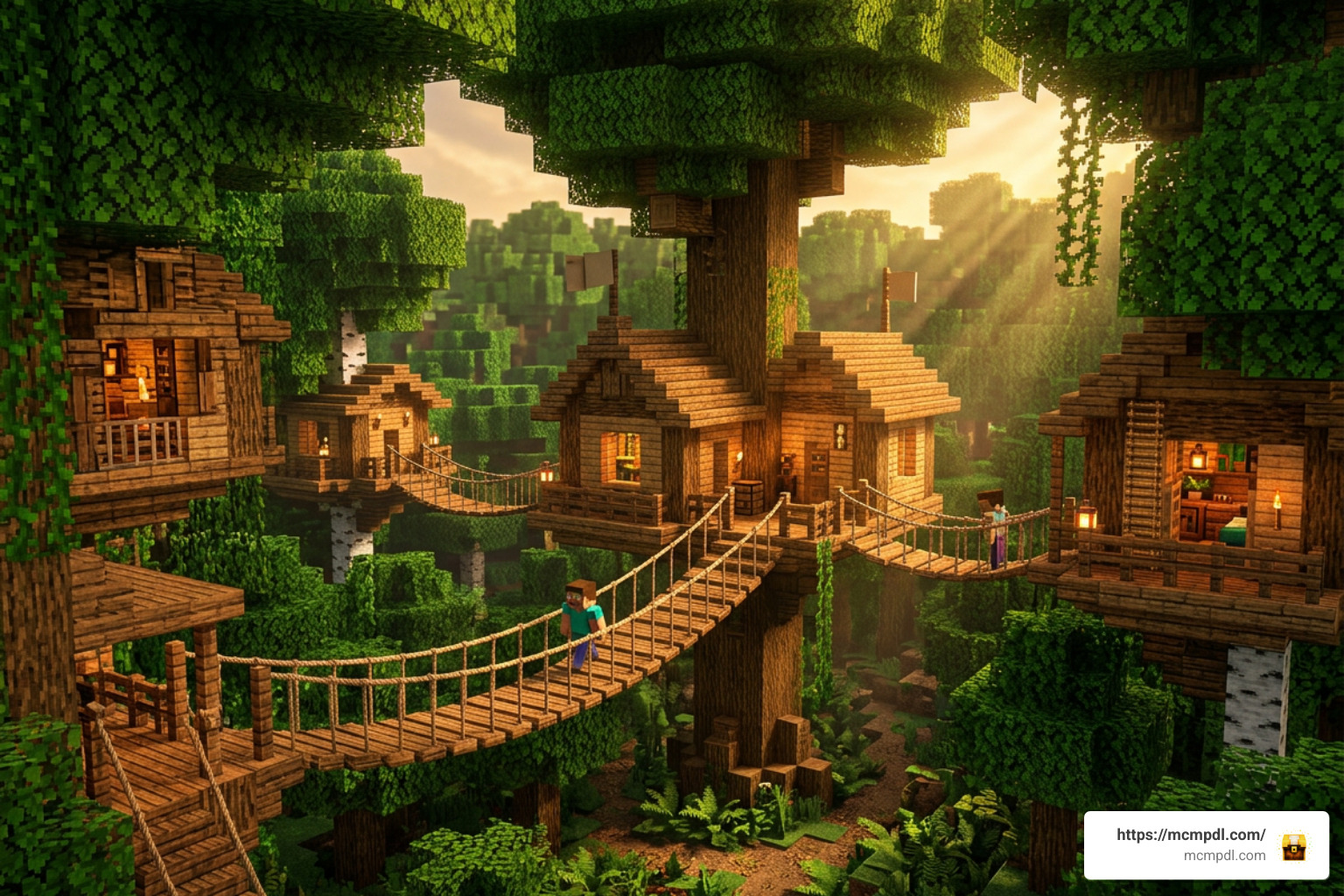 Interconnected wooden treehouses in Minecraft Bedrock Interconnected wooden treehouses in Minecraft Bedrock