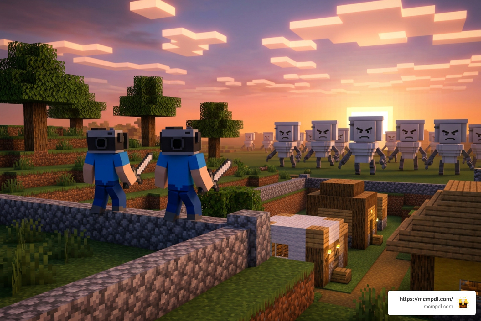 Cameramen defending a village against toilet raids in Minecraft PE Cameramen defending a village against toilet raids in Minecraft PE