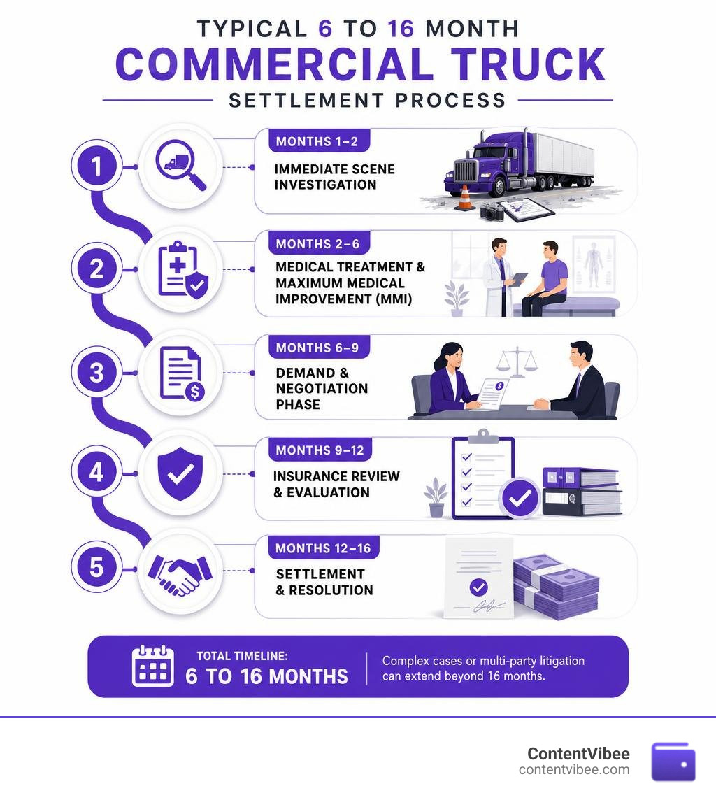 Timeline showing the typical 6 to 16 month commercial truck settlement process infographic Timeline showing the typical 6 to 16 month commercial truck settlement process infographic