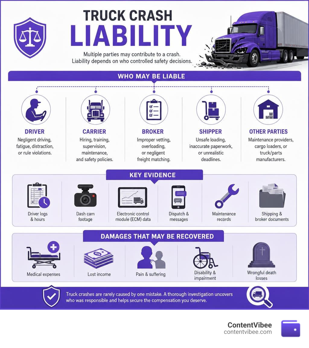 Truck crash liability infographic: driver, carrier, broker, shipper, evidence, and damages infographic