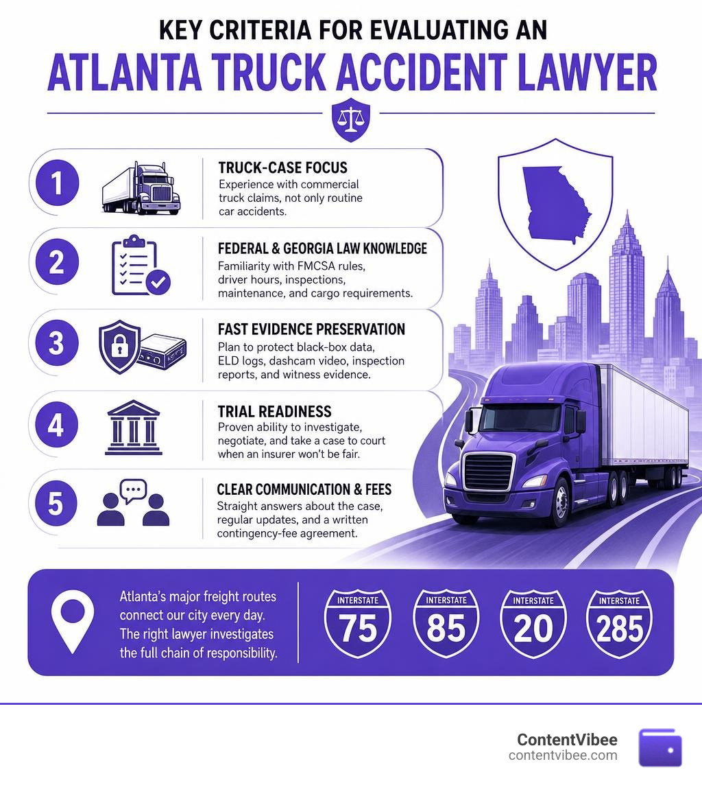 Key criteria for evaluating an Atlanta truck accident lawyer infographic