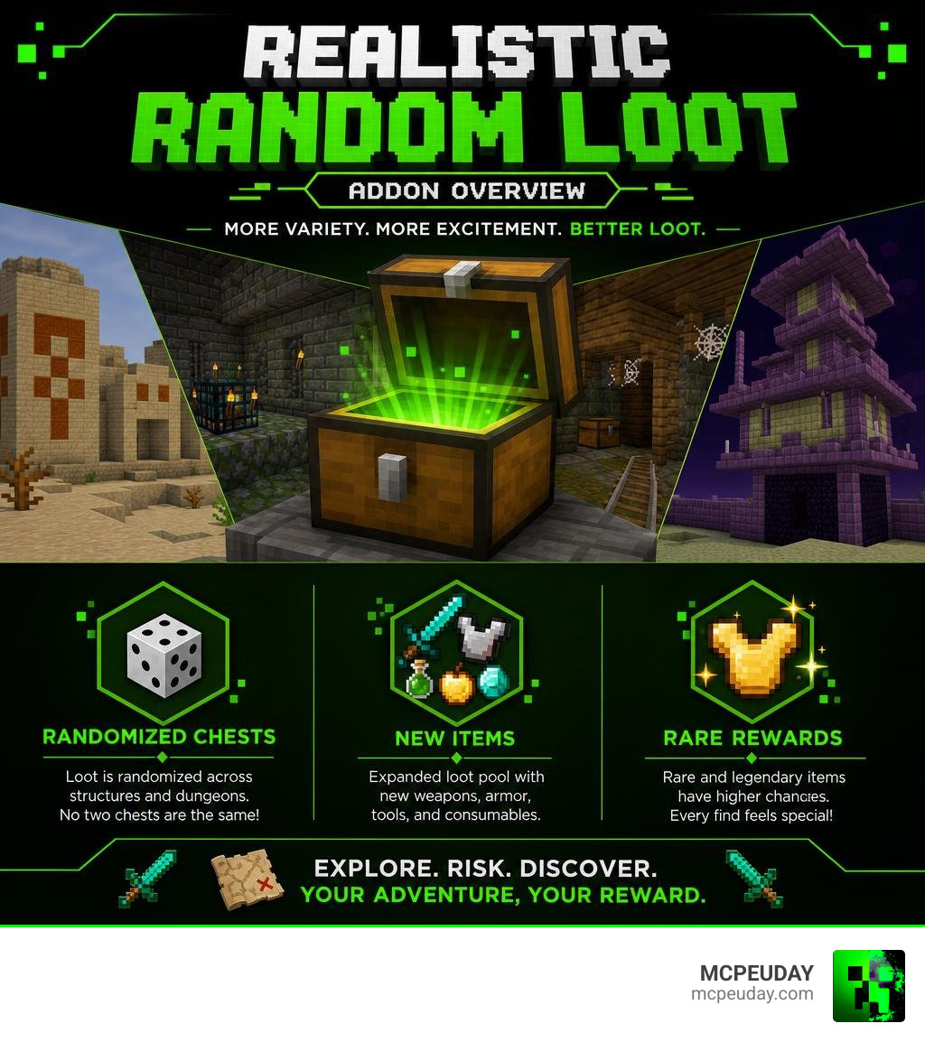 Realistic Random Loot Addon overview: randomized chests, new items, rare rewards infographic Realistic Random Loot Addon overview: randomized chests, new items, rare rewards infographic