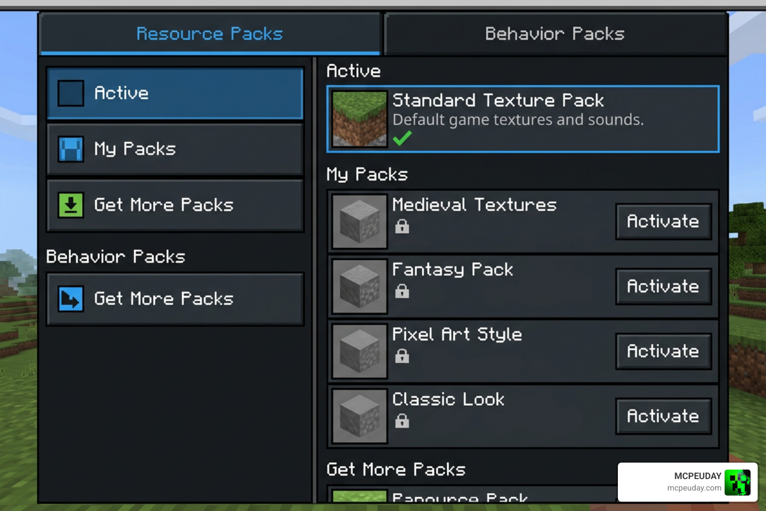 Minecraft Bedrock resource and behavior pack settings screen Minecraft Bedrock resource and behavior pack settings screen