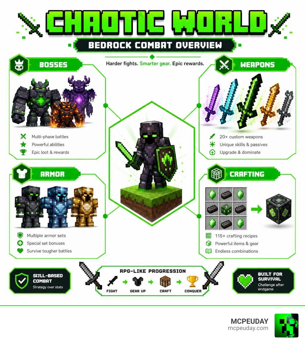 Chaotic World Bedrock combat overview with bosses weapons armor and crafting infographic Chaotic World Bedrock combat overview with bosses weapons armor and crafting infographic