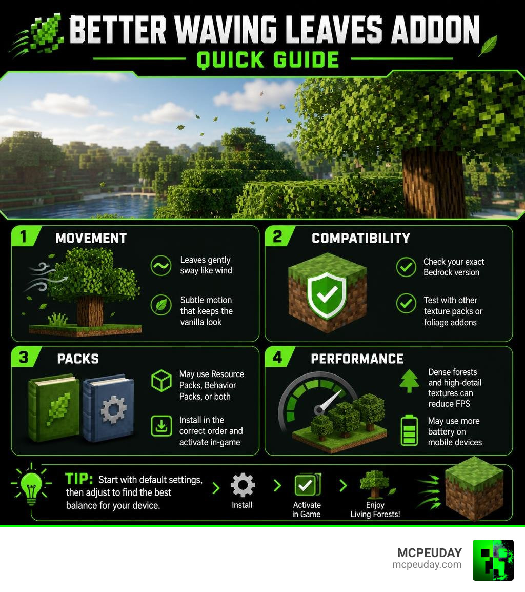Better Waving Leaves Addon quick guide: movement, compatibility, packs, and performance infographic Better Waving Leaves Addon quick guide: movement, compatibility, packs, and performance infographic