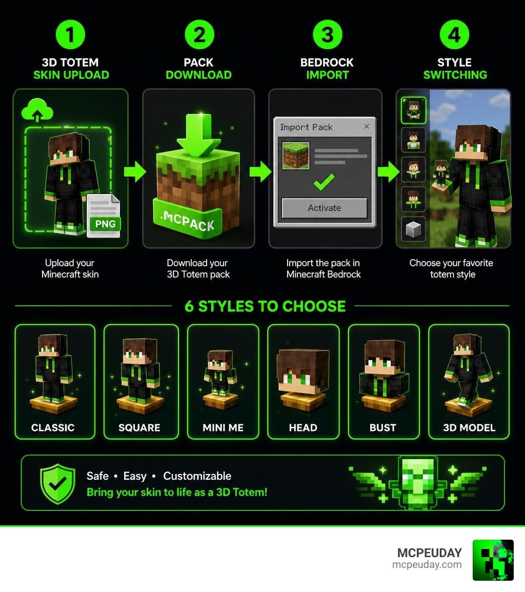 3D totem skin upload, pack download, Bedrock import, and style switching infographic 3D totem skin upload, pack download, Bedrock import, and style switching infographic