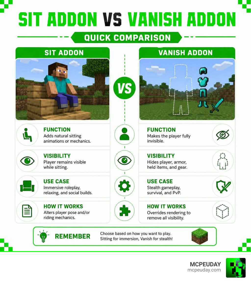 Sit addon versus vanish addon quick comparison infographic
